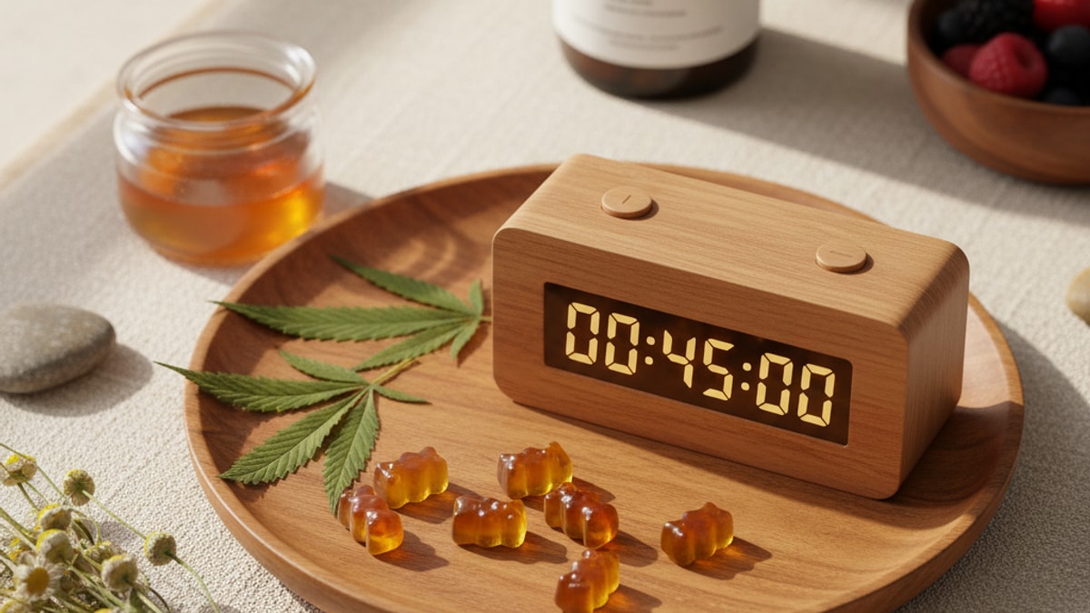 How Long Before Delta 9 Gummies Kick In | THC Edible Timing Explained - Professional illustration