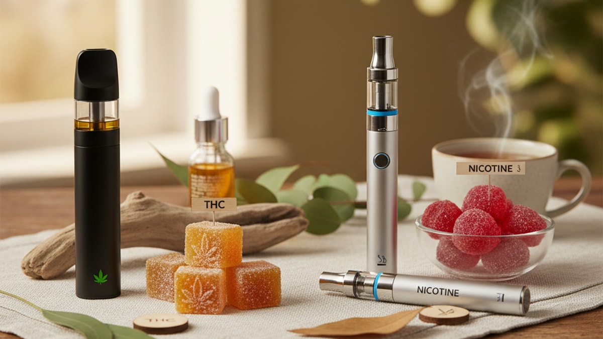 Does Delta-8 Have Nicotine? | THC vs Nicotine in Vapes and Gummies - Professional illustration